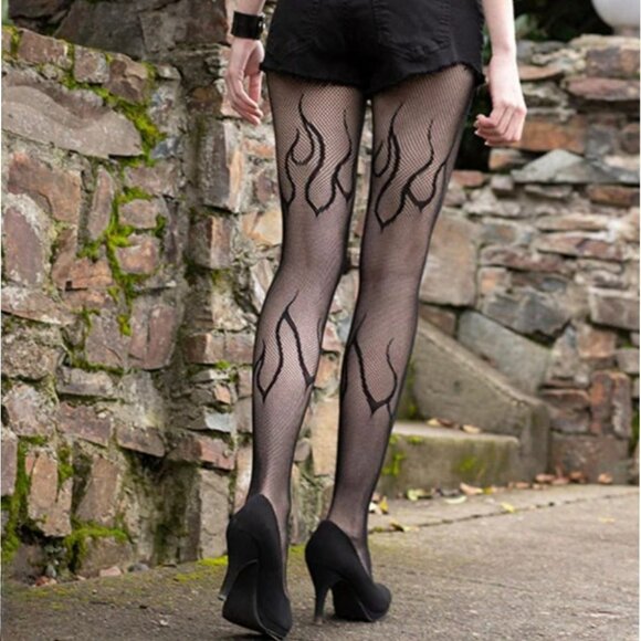 Leg Avenue Flame Net Tights OS Black Fishnet Stockings Flame Design - Picture 5 of 10